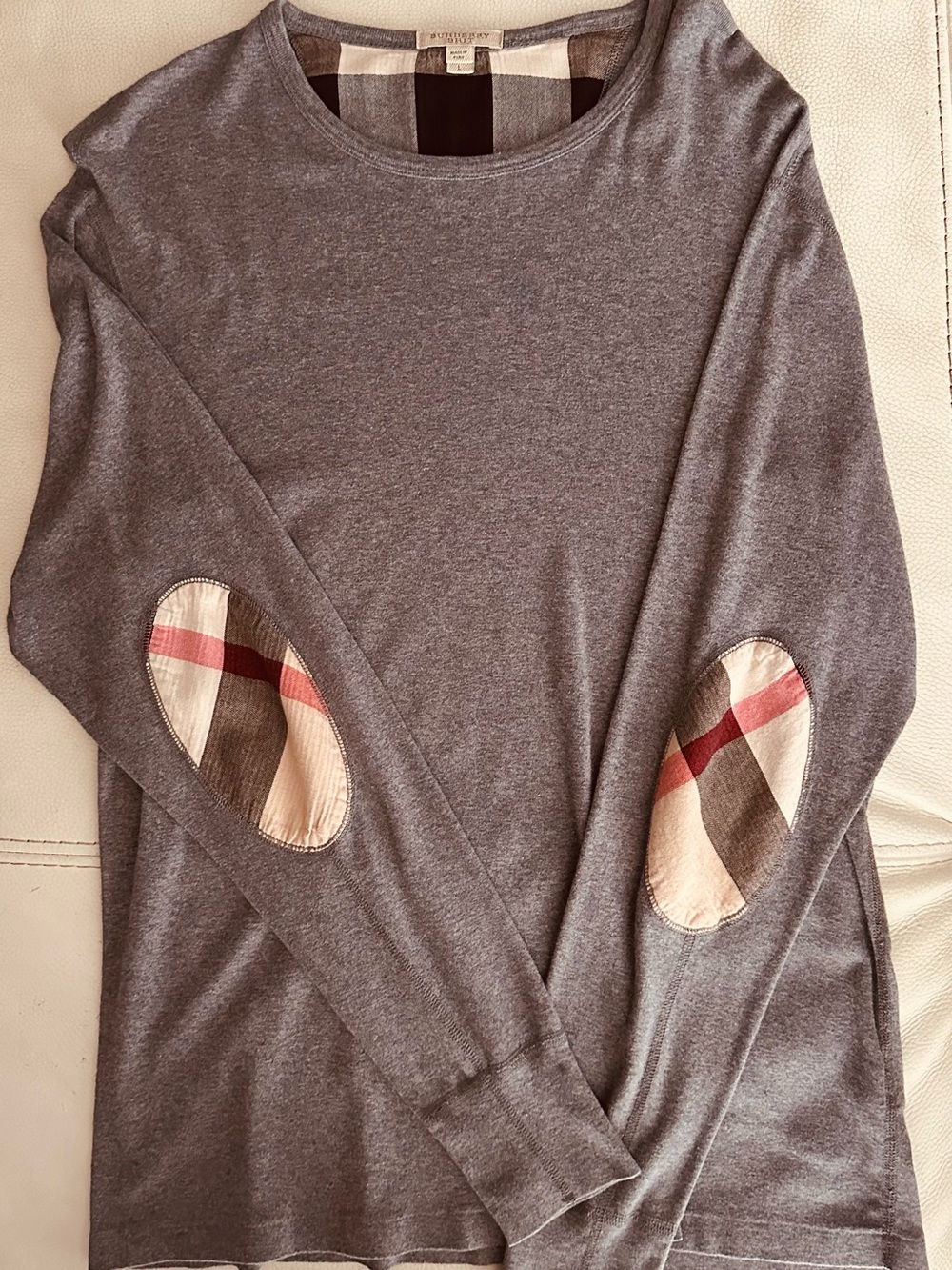 Burberry Gray Long-Sleeve Top with Signature Plaid Elbow Patches